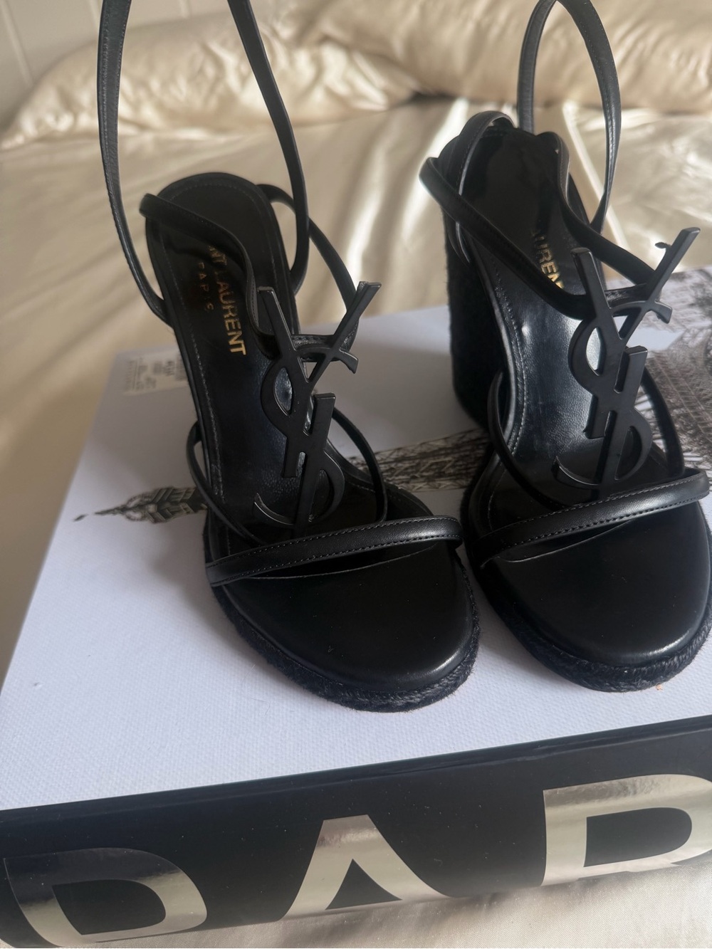 Authentic Saint Laurent Cassandra Espadrille Wedge Sandals in Black.